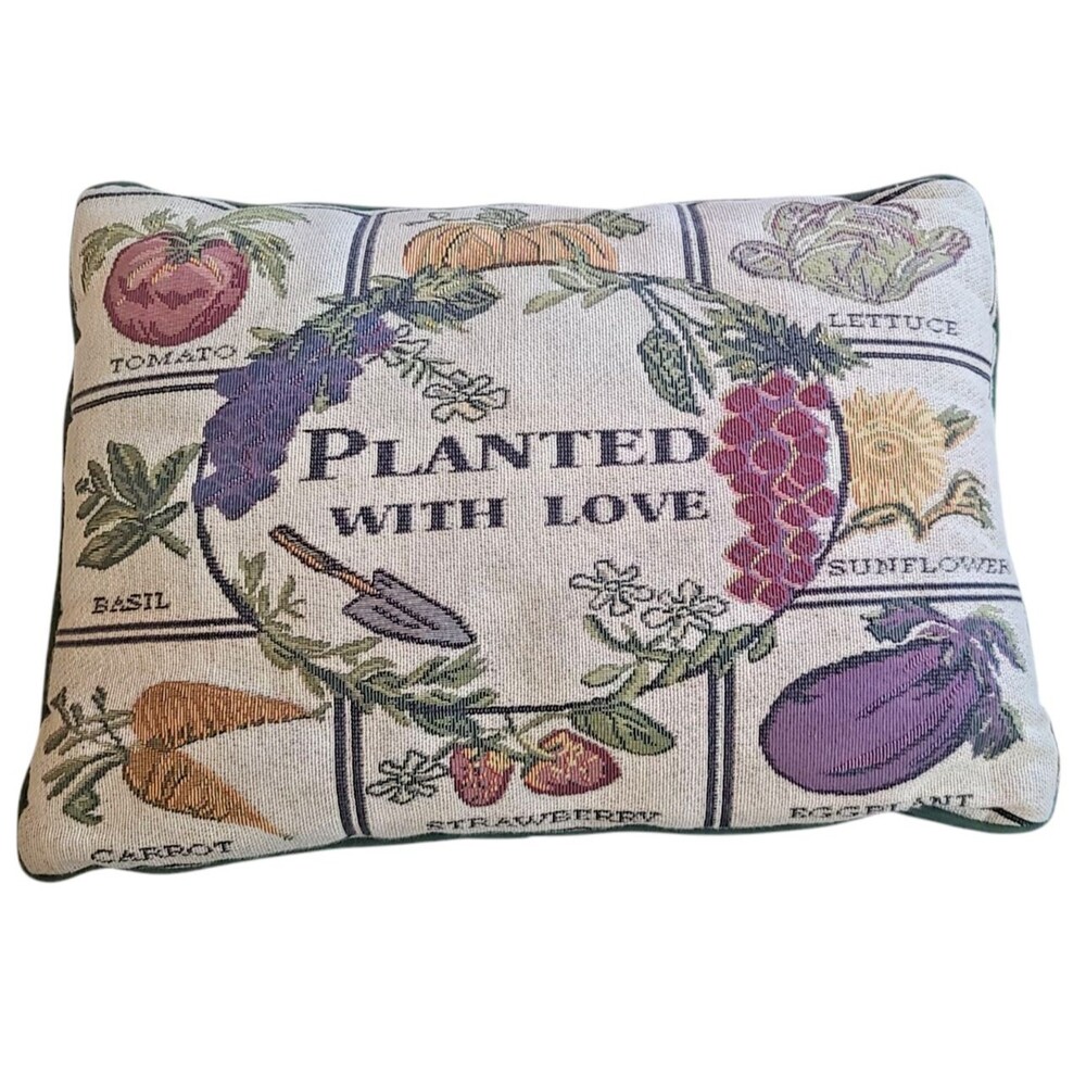 Vintage Tapestry Throw Pillow Decorative Planted with Love Veggies Herbs Garden